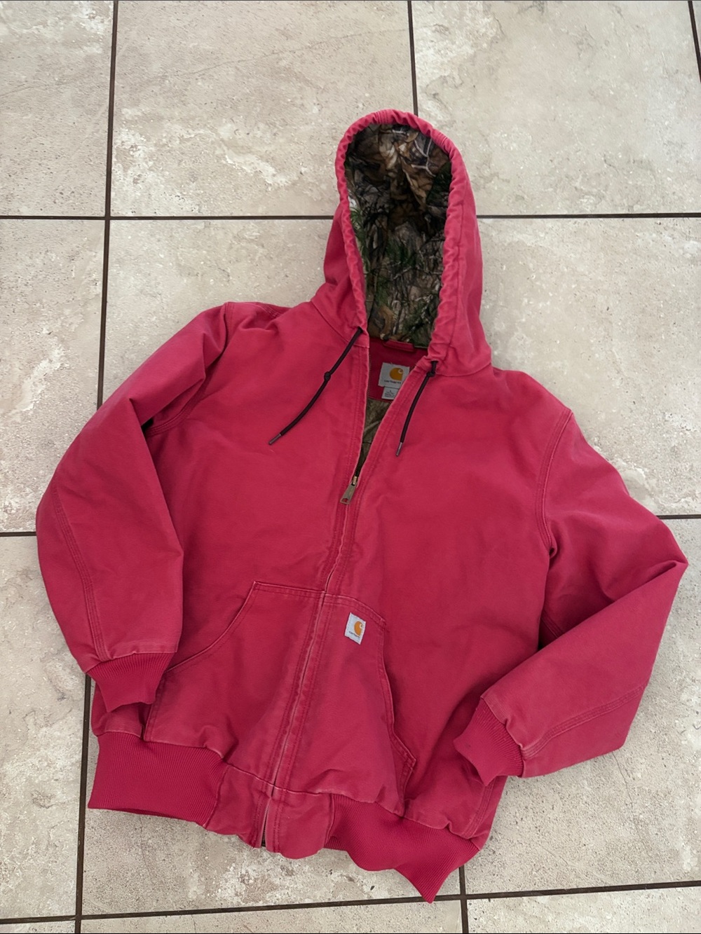 Carhartt women’s large  Pink Hooded Zip Jacket with Camo Lining